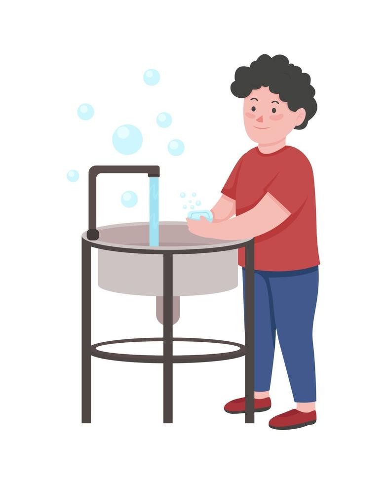 kleine jongen handen wassen met zeep met egale kleur vector karakter