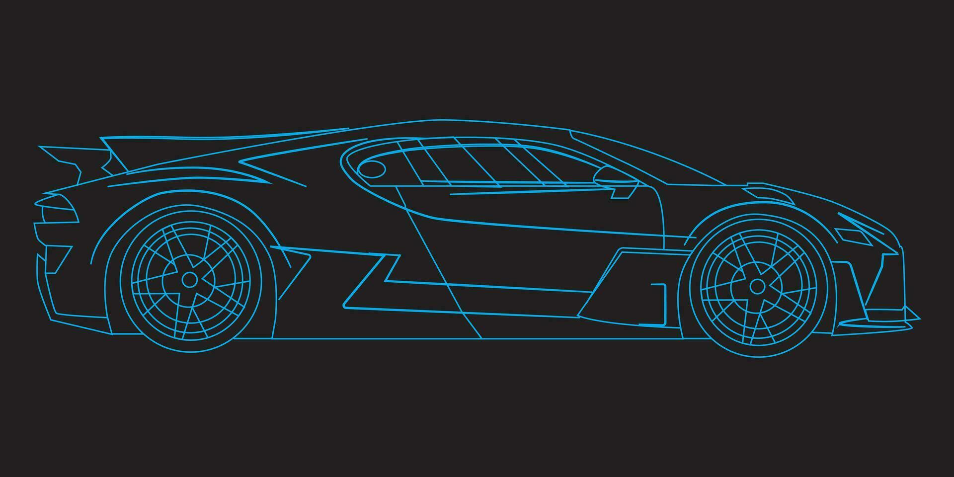 modern auto, kant visie. blauw neon auto kader kant visie, banier voor afzet reclame ontwerp. vector illustratie. geïsoleerd Aan zwart achtergrond.