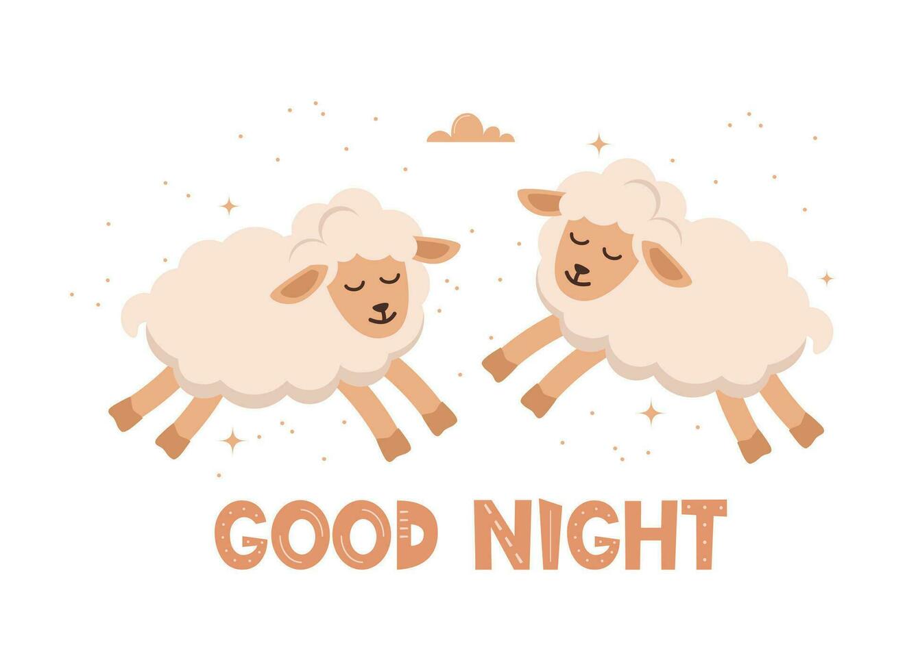 kinderen afdrukken kunst met schattig lammeren en de tekst mooi zo nacht. wit achtergrond met tekenfilm schapen, sterren. kinderen poster voor decoratie van de kinderen kamer. vector illustratie.