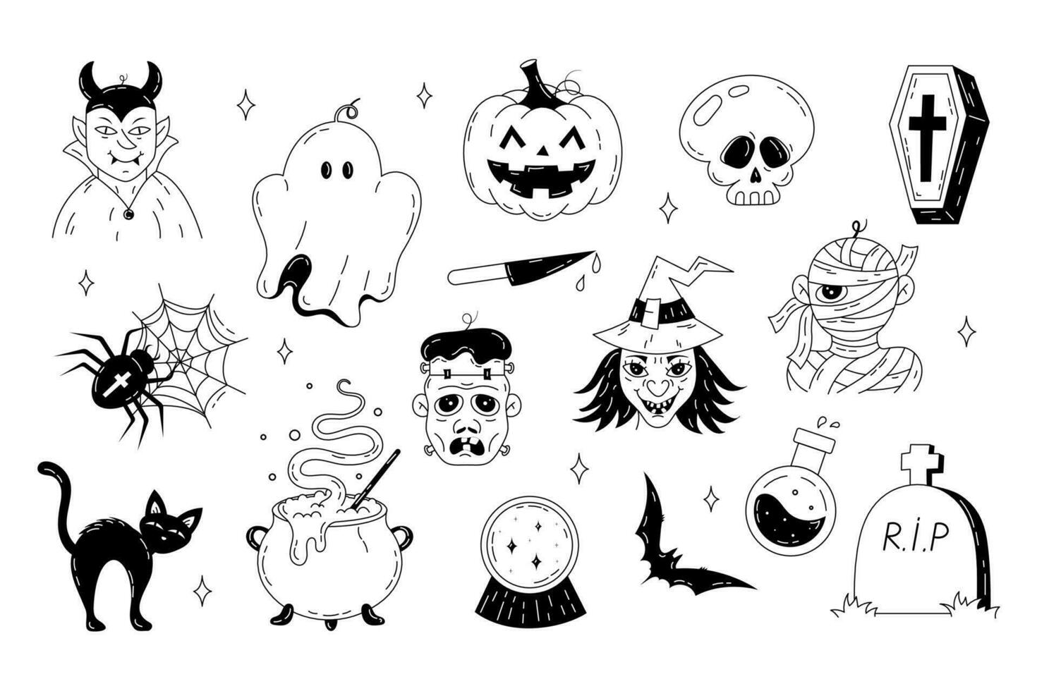 schattig halloween krabbels, truc of traktatie, zwart en wit stickers. gelukkig halloween elementen hand- getrokken in lijn kunst stijl. pompoen, geest, kaars, mes, kat, graf. vector voorraad geïsoleerd illustratie.