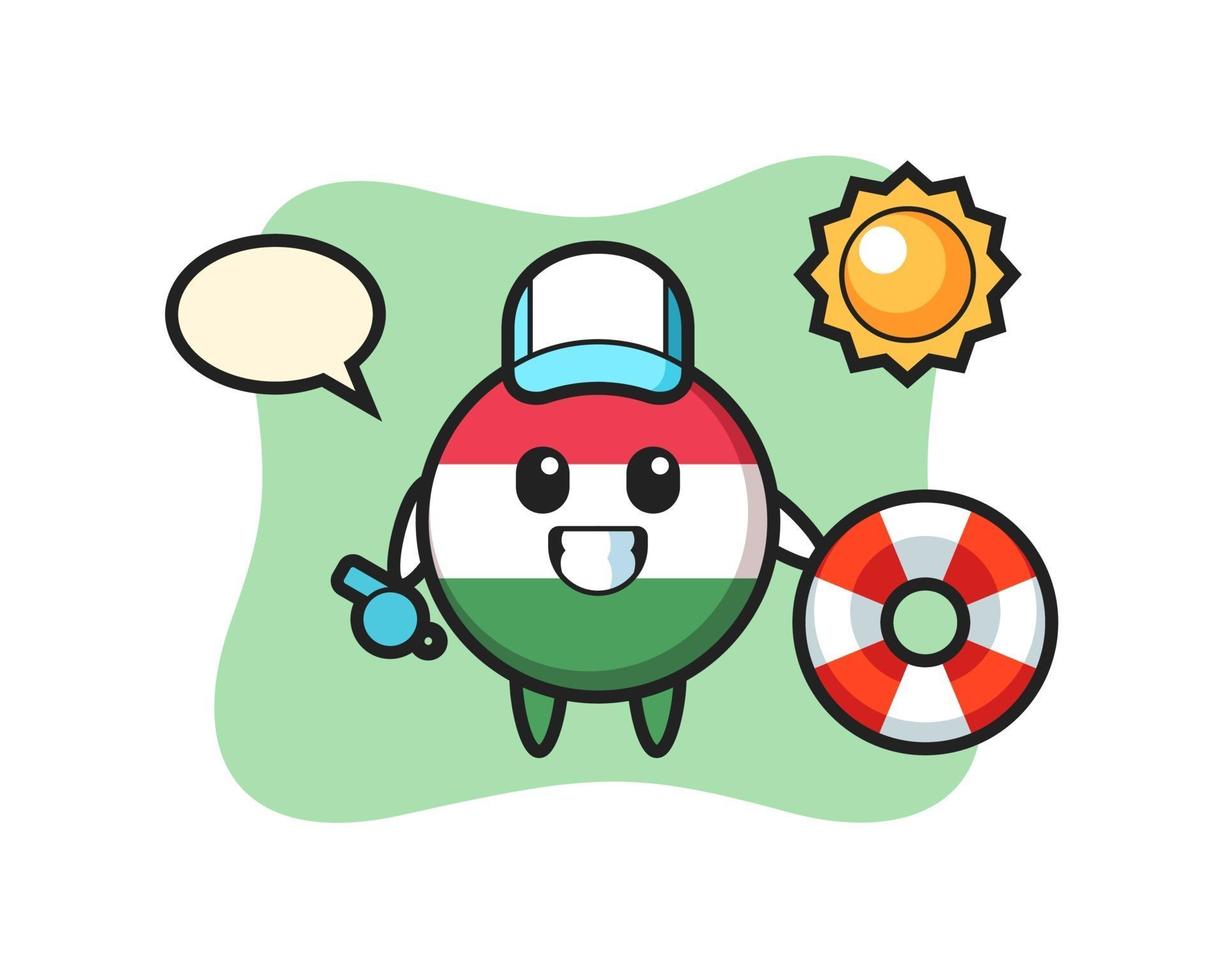 cartoon mascotte van hongarije vlag badge als strandwacht vector