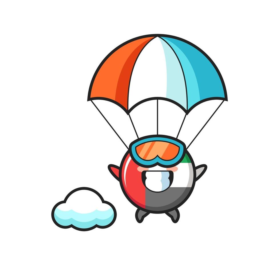 vlag badge mascotte cartoon van de VAE is aan het parachutespringen met een gelukkig gebaar vector