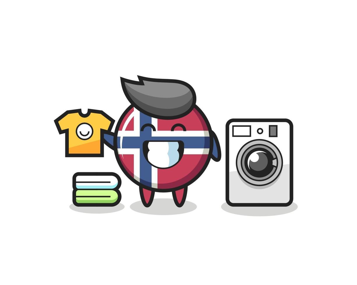 mascotte cartoon van noorse vlag badge met wasmachine vector