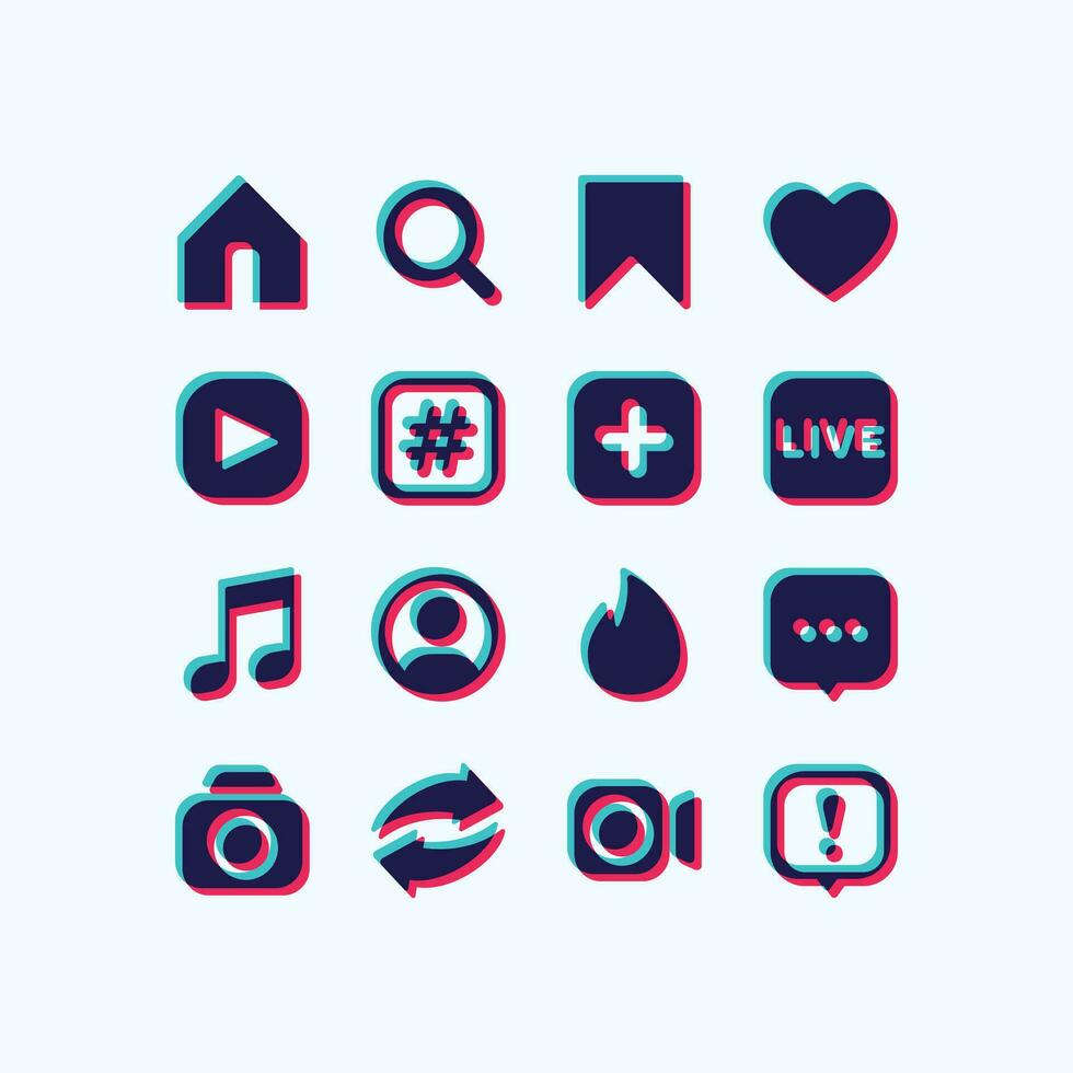glitch sociaal media app pictogrammen sjabloon, geïsoleerd reeks van blauw en rood kleur, elementen uitrusting voor web, mobiel, ui. verzameling van vlak gebruiker koppel pictogrammen. vector