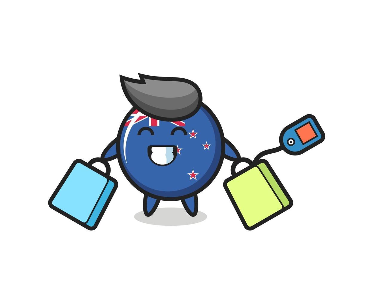 Nieuw-Zeelandse vlag badge mascotte cartoon met een boodschappentas vector