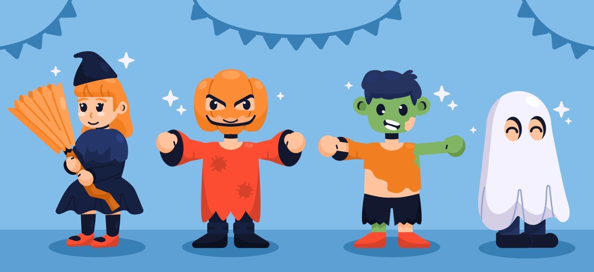 groep kinderen met halloween kostuums vector