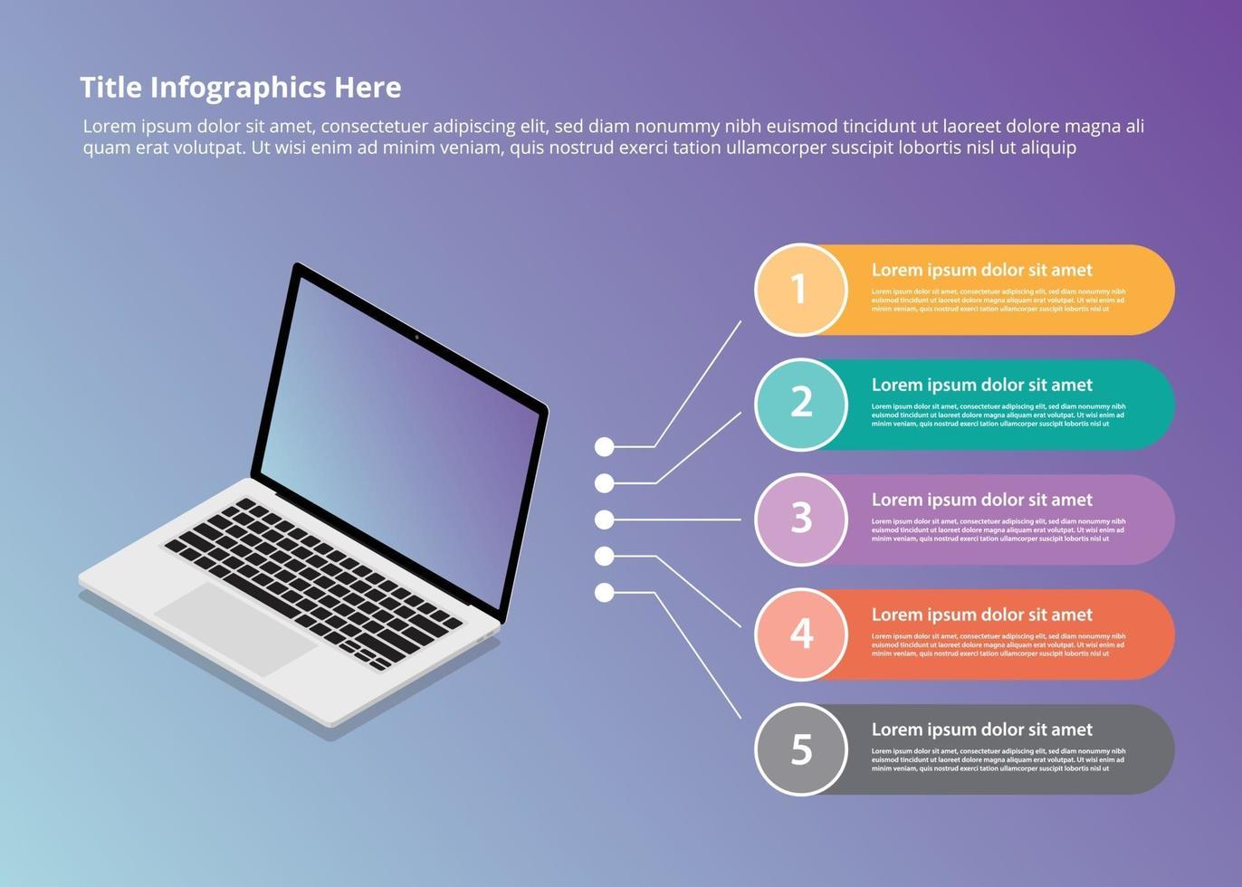 laptopinfographics met isometrische stijl en 5-punts opsommingstekens vector