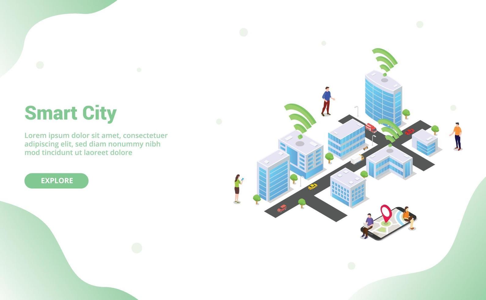 smart city-concept met grote gebouwen en teammensen vector