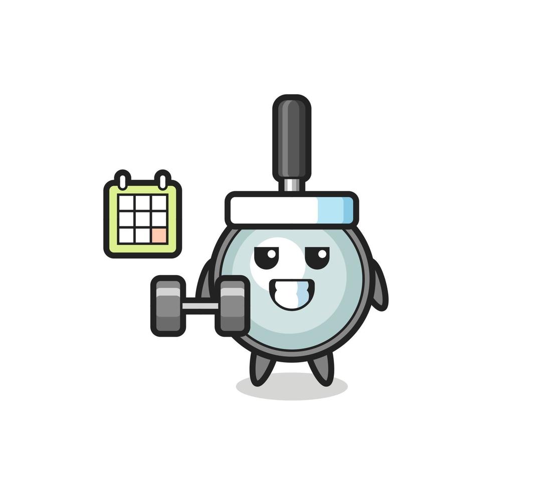 vergrootglas mascotte cartoon fitness doen met dumbbell vector