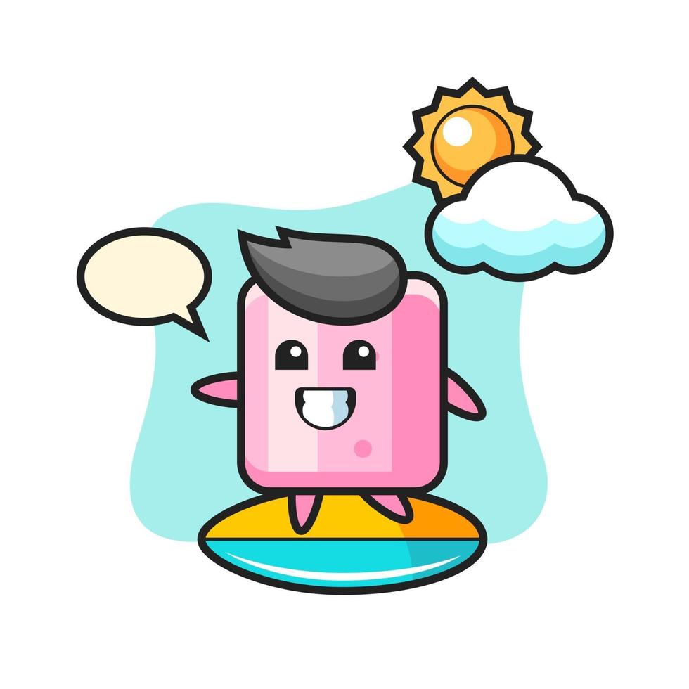 illustratie van marshmallow cartoon surfen op het strand vector