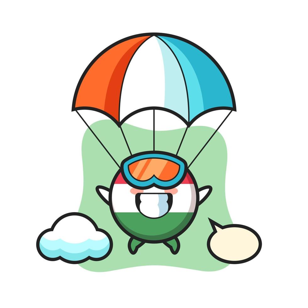 hongarije vlag badge mascotte cartoon is aan het parachutespringen met een gelukkig gebaar vector