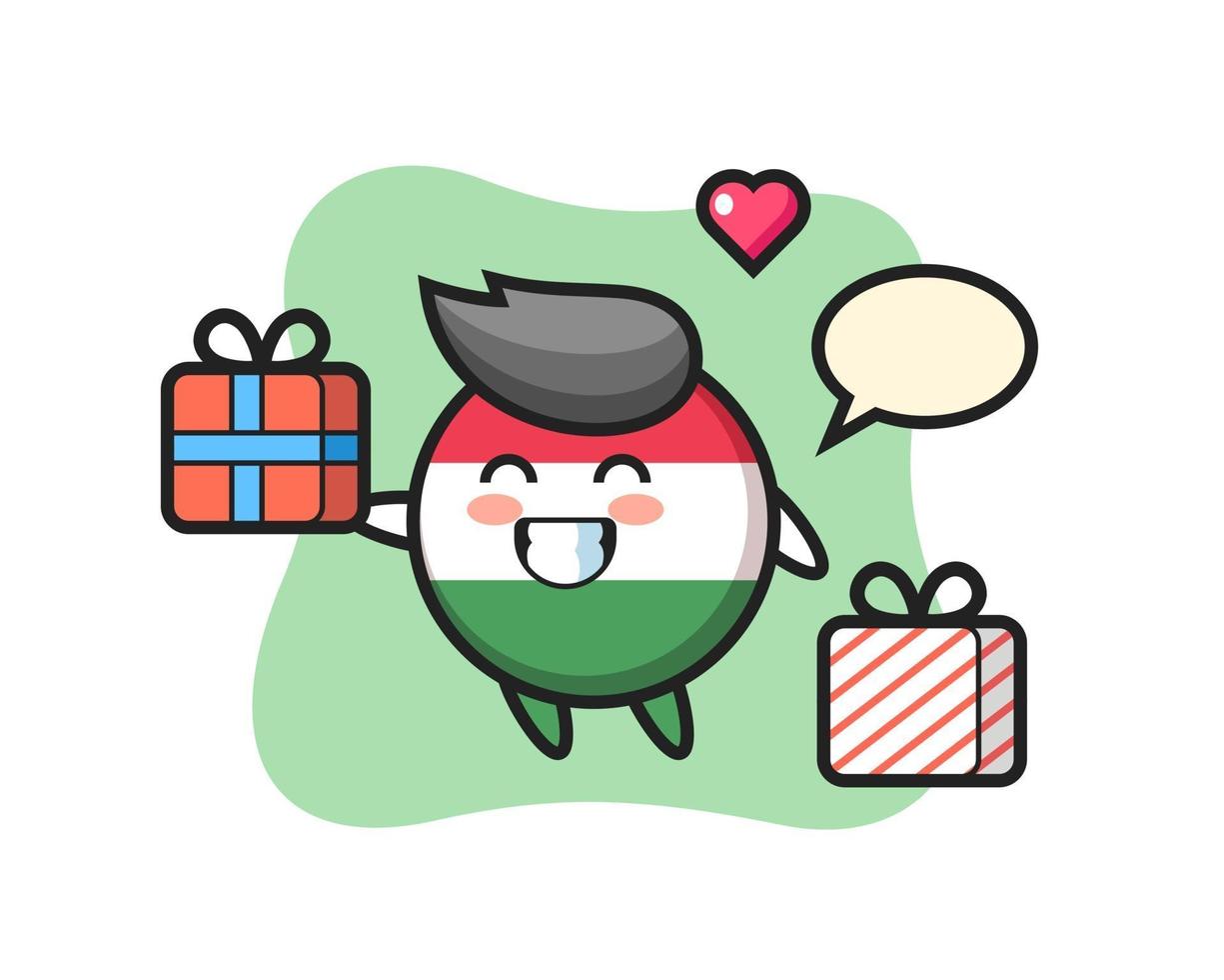 hongarije vlag badge mascotte cartoon geeft het geschenk vector