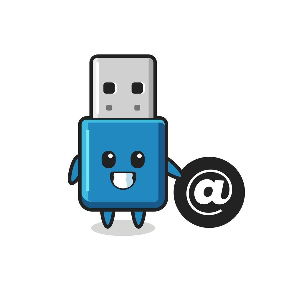 cartoon illustratie van flash drive usb staande naast het at-symbool vector