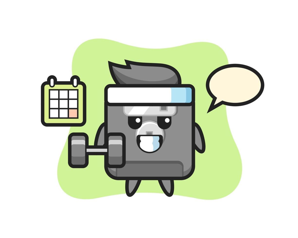 floppy disk mascotte cartoon doet fitness met dumbbell vector