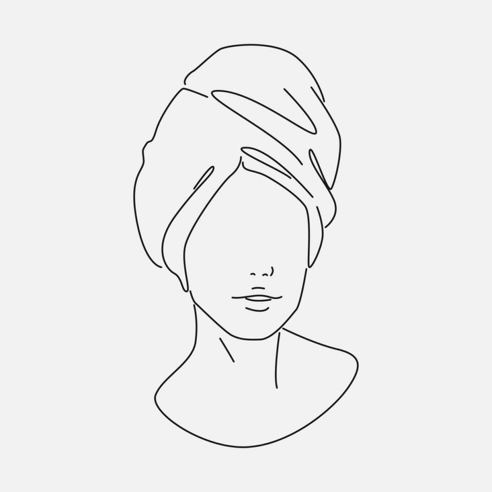 lijn kunst van een vrouw gezicht met een handdoek Aan haar hoofd. bewerkbare hartinfarct. vector illustratie.