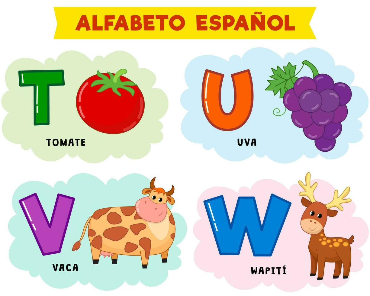 Spaans alfabet. vector illustratie. geschreven in Spaans tomaat, druif, koe, hert