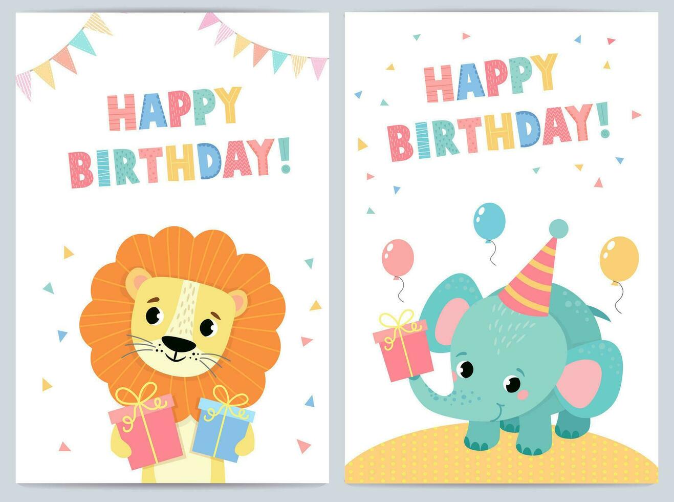 schattig verjaardag kaarten voor kinderen met grappig dieren. vector illustratie