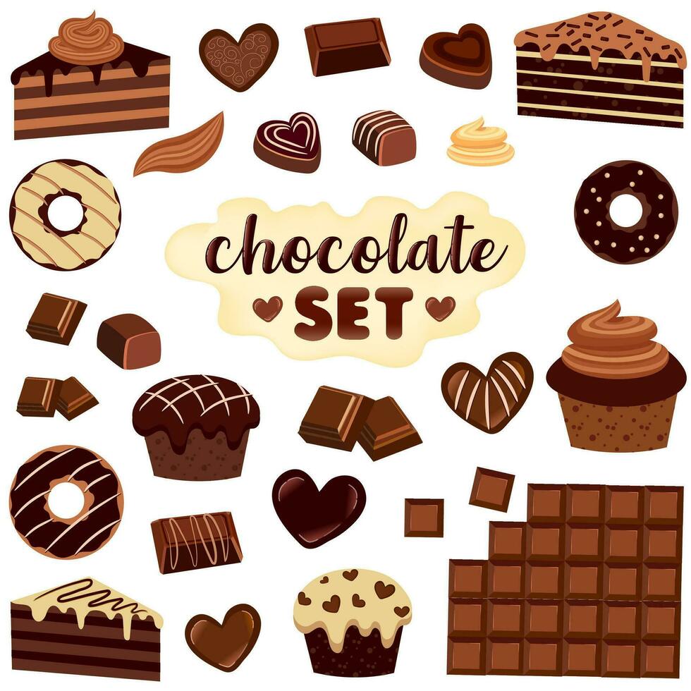 een groot reeks van chocola producten. hart vormig snoepgoed, chocola stukken. zwart en melkachtig. vector illustratie