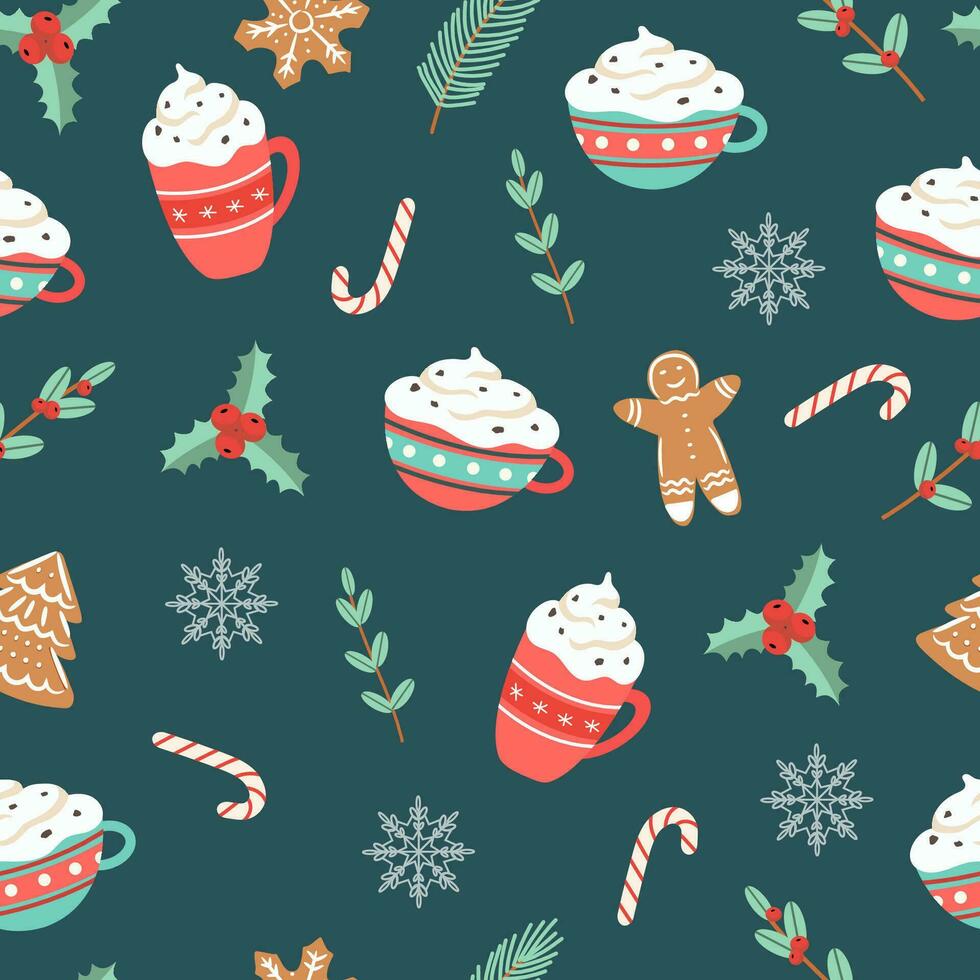 naadloos Kerstmis patroon sjabloon in tekenfilm stijl met Kerstmis snoepjes, geschenken, hulst bladeren en bellen. voor omhulsel papier, textiel, themed decor vector