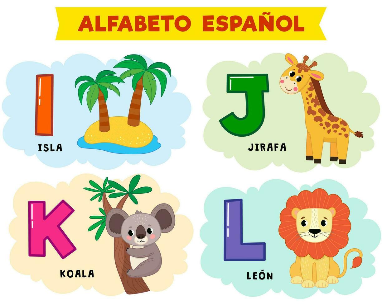 Spaans alfabet. vector illustratie. geschreven in Spaans eiland, giraffe, leeuw, koala