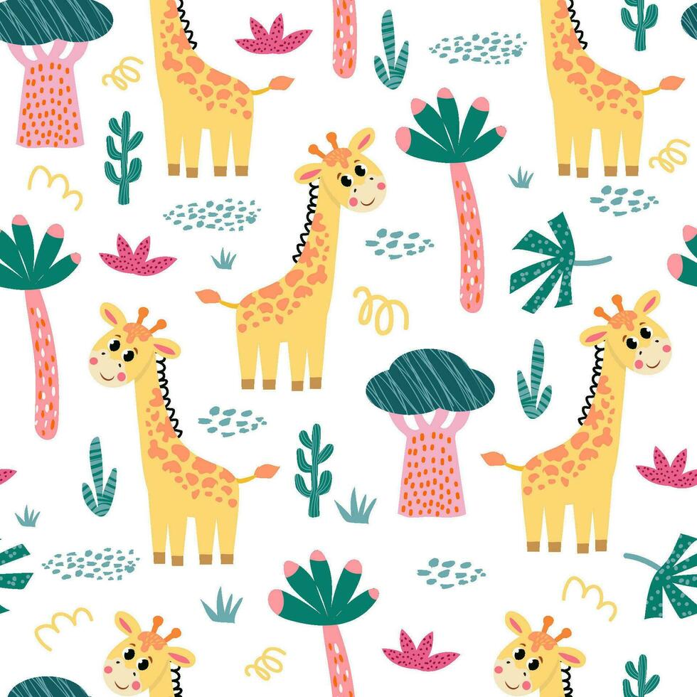 naadloos patroon met Afrikaanse giraffe en planten in een kinderachtig tekenfilm stijl. vector illustratie. voor kinderen textiel en decoratie