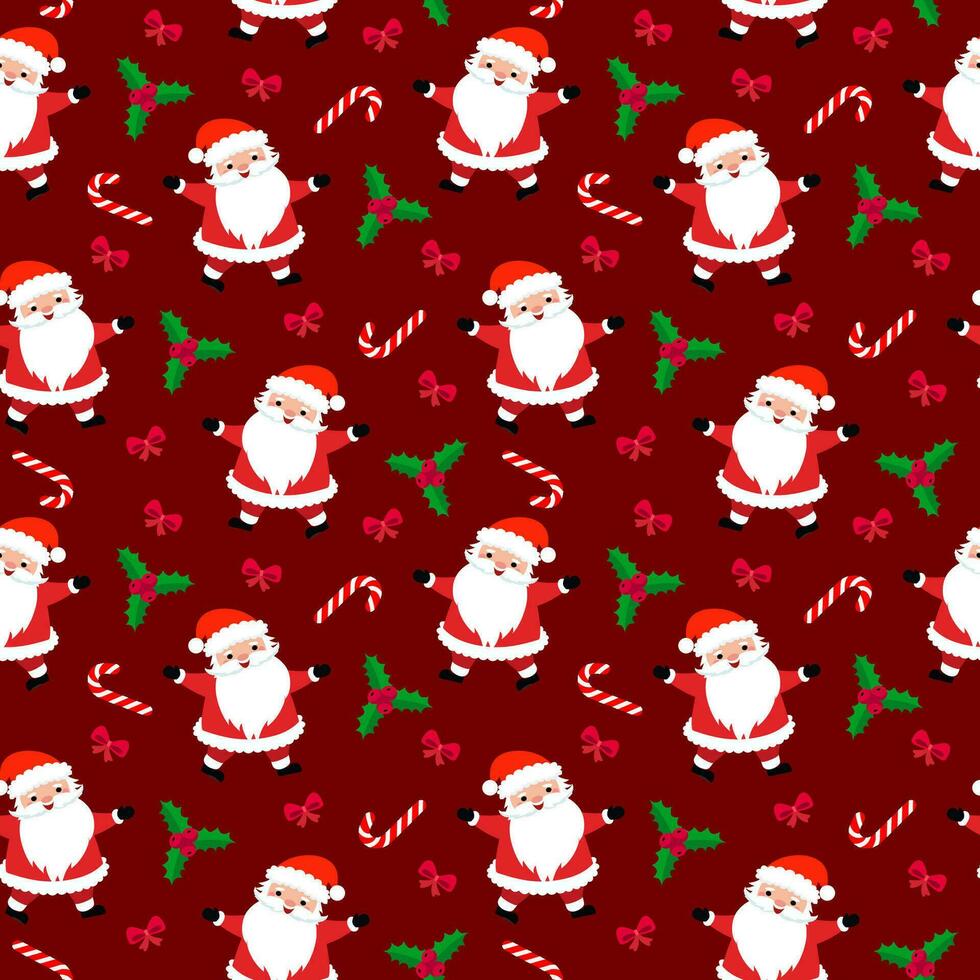 naadloos Kerstmis patroon sjabloon in tekenfilm stijl met Kerstmis snoepjes, geschenken, hulst bladeren en bellen. voor omhulsel papier, textiel, themed decor vector