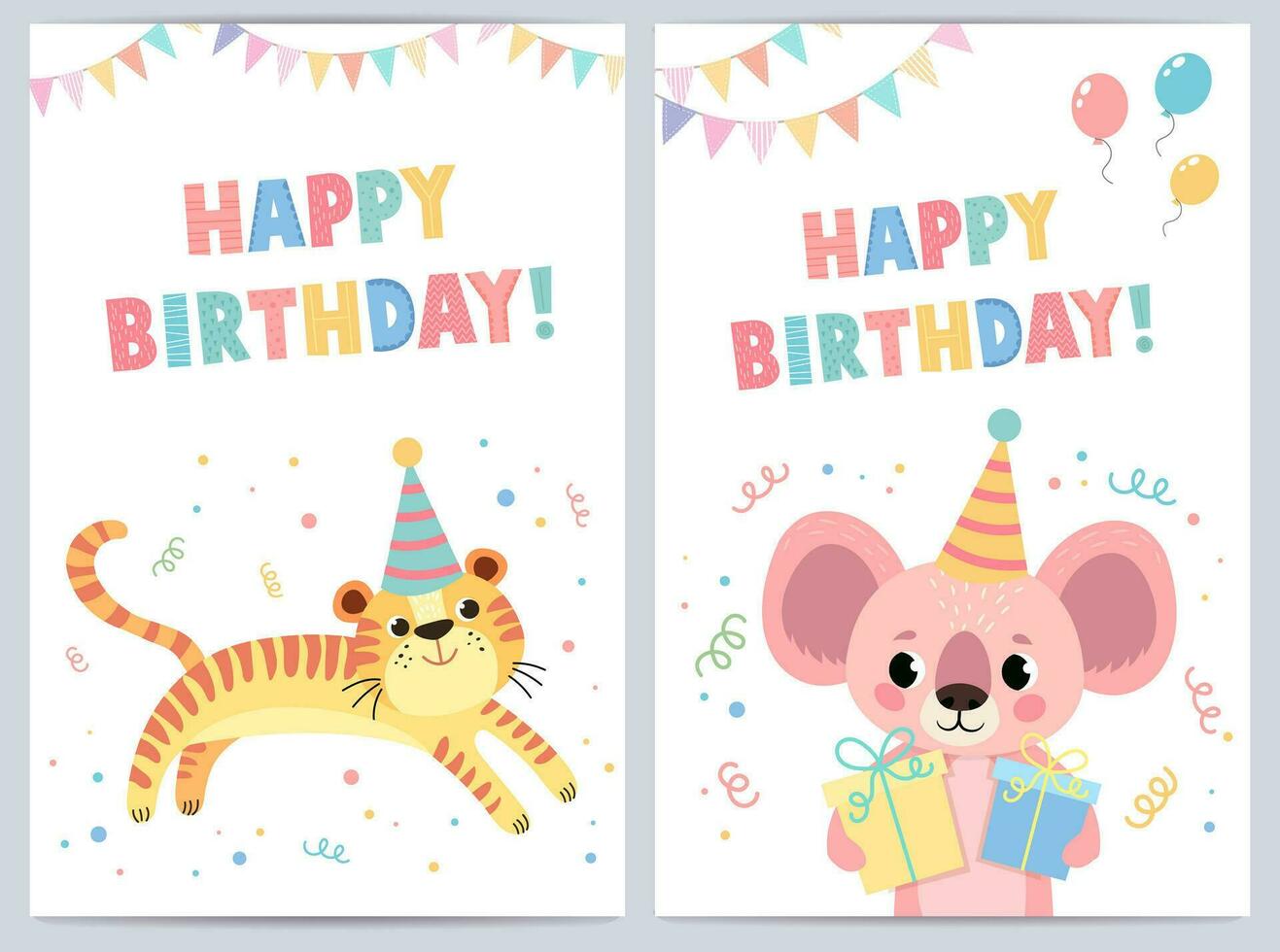 schattig verjaardag kaarten voor kinderen met grappig dieren. vector illustratie
