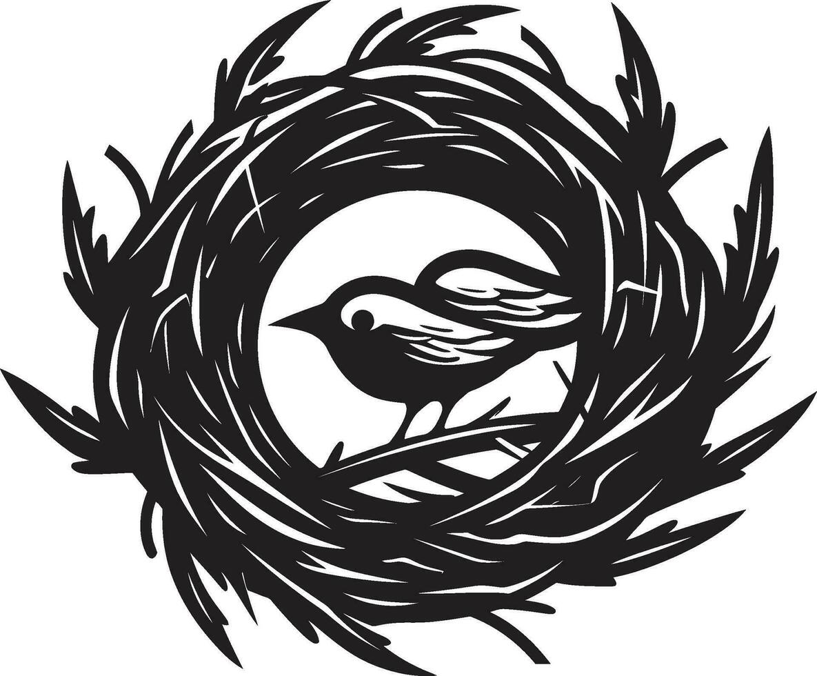 mystiek in monochroom vogel toevluchtsoord logo verfijnd antenne verblijf zwart vogel nest embleem vector