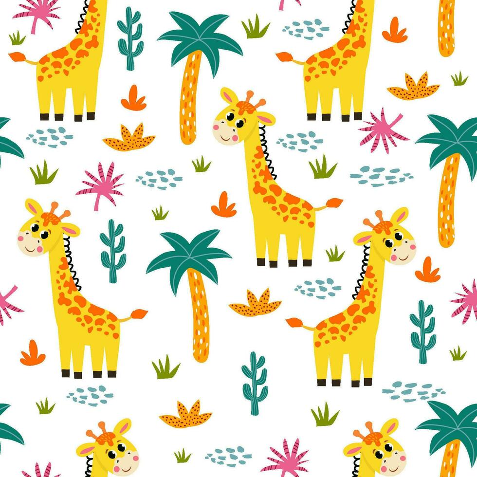 naadloos patroon met Afrikaanse dieren en planten in een kinderachtig tekenfilm stijl. vector illustratie. voor kinderen textiel en decoratie