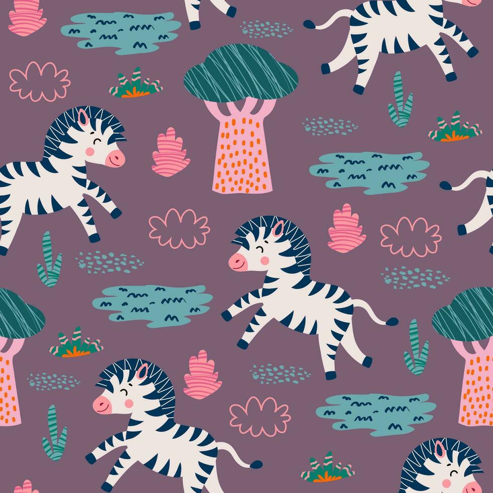 naadloos patroon met Afrikaanse dieren en planten in een kinderachtig tekenfilm stijl. vector illustratie. voor kinderen textiel en decoratie