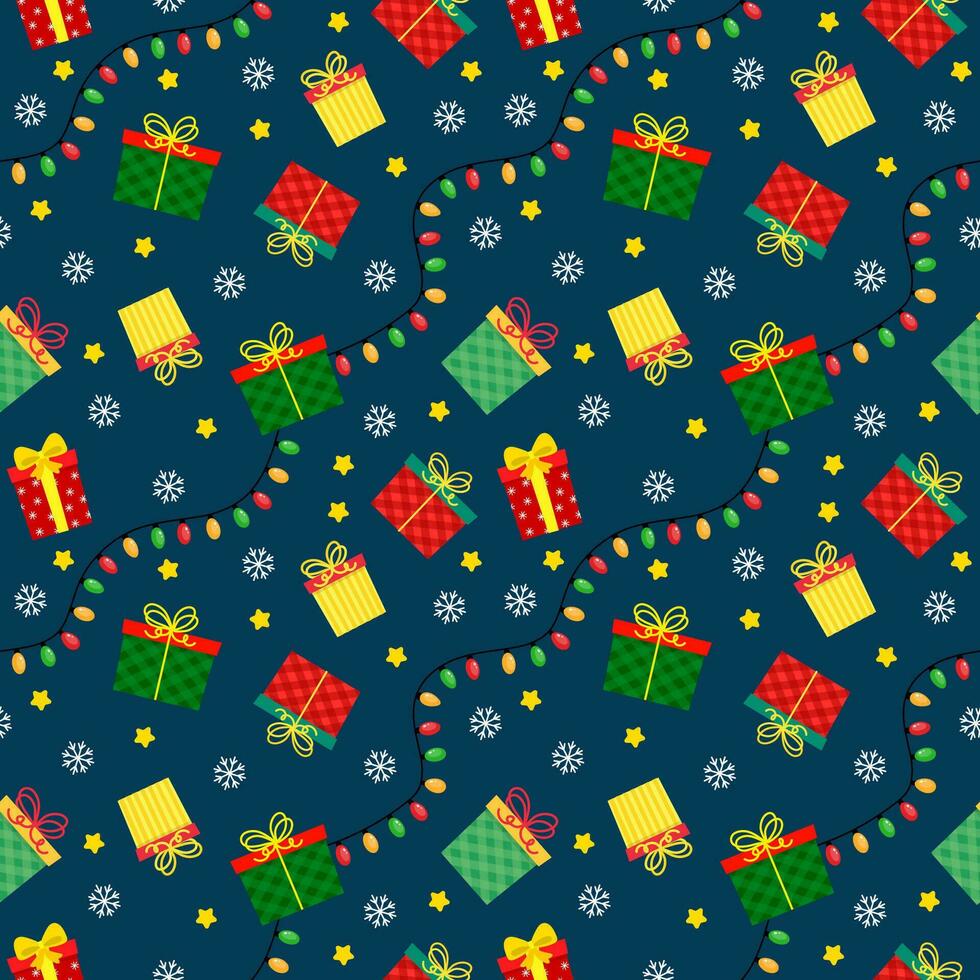 naadloos Kerstmis patroon sjabloon in tekenfilm stijl met Kerstmis snoepjes, geschenken, hulst bladeren en bellen. voor omhulsel papier, textiel, themed decor vector