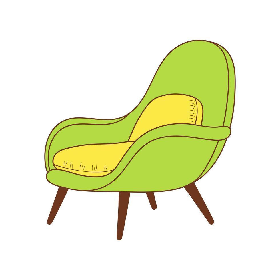 knus zacht fauteuil met gestoffeerd armleuningen. kleur tekening icoon. modern hygge lounge meubilair. vector