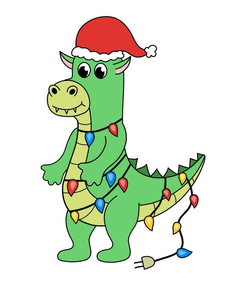 tekenfilm Kerstmis en nieuw jaar draak karakter. schattig draak met guirlande. vector vlak illustratie.