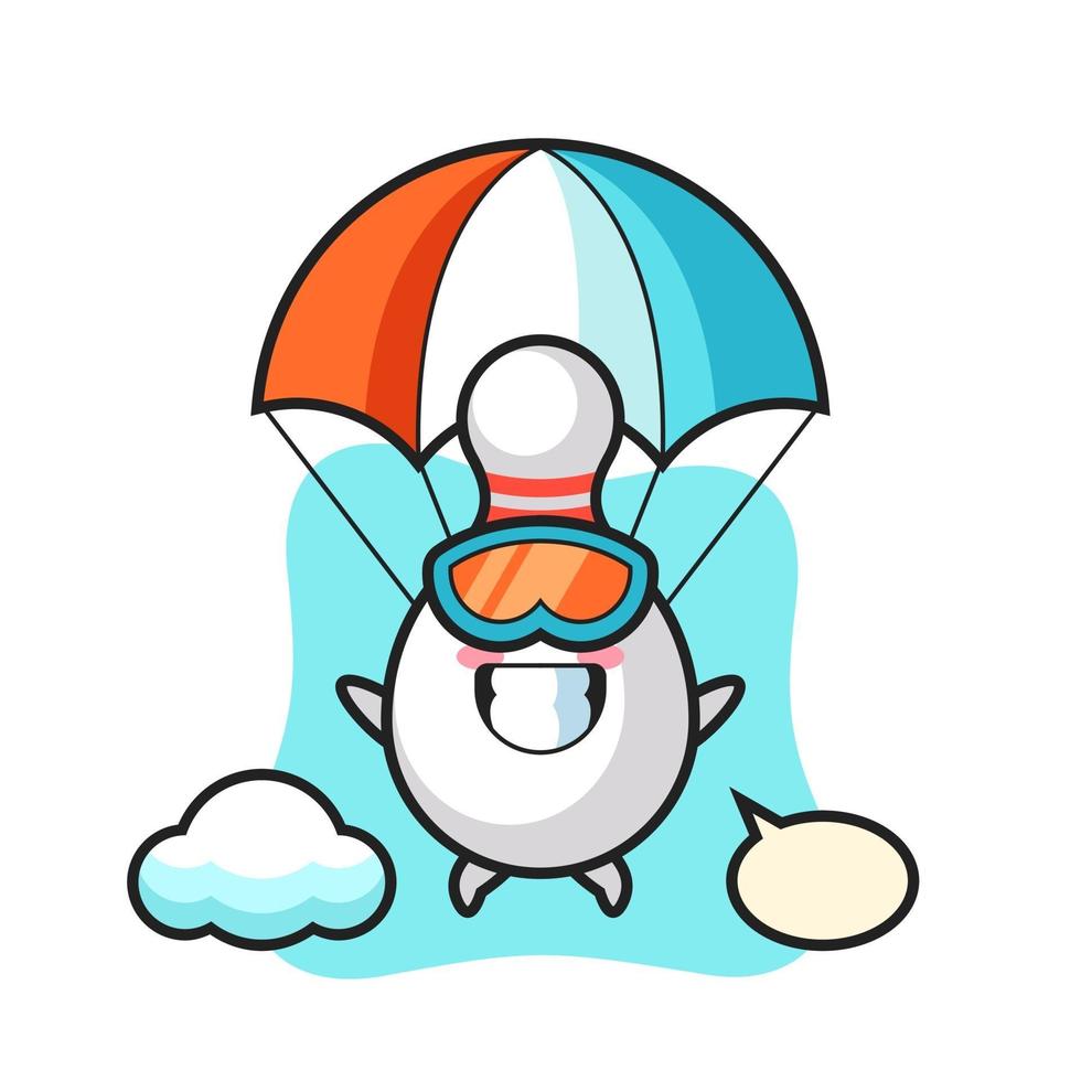 bowling pin mascotte cartoon is aan het parachutespringen met een gelukkig gebaar vector