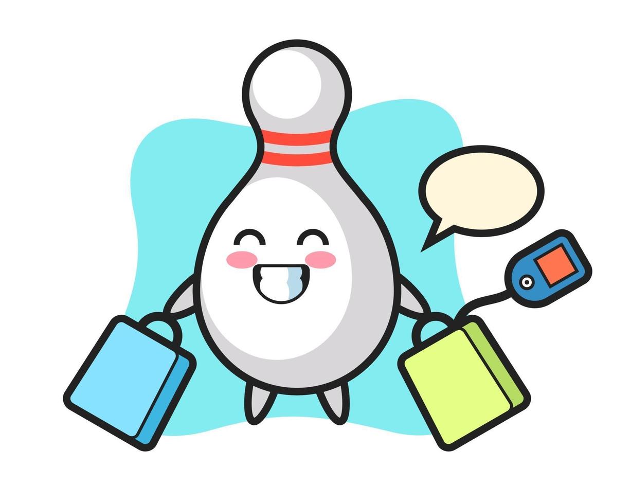 bowling pin mascotte cartoon met een boodschappentas vector