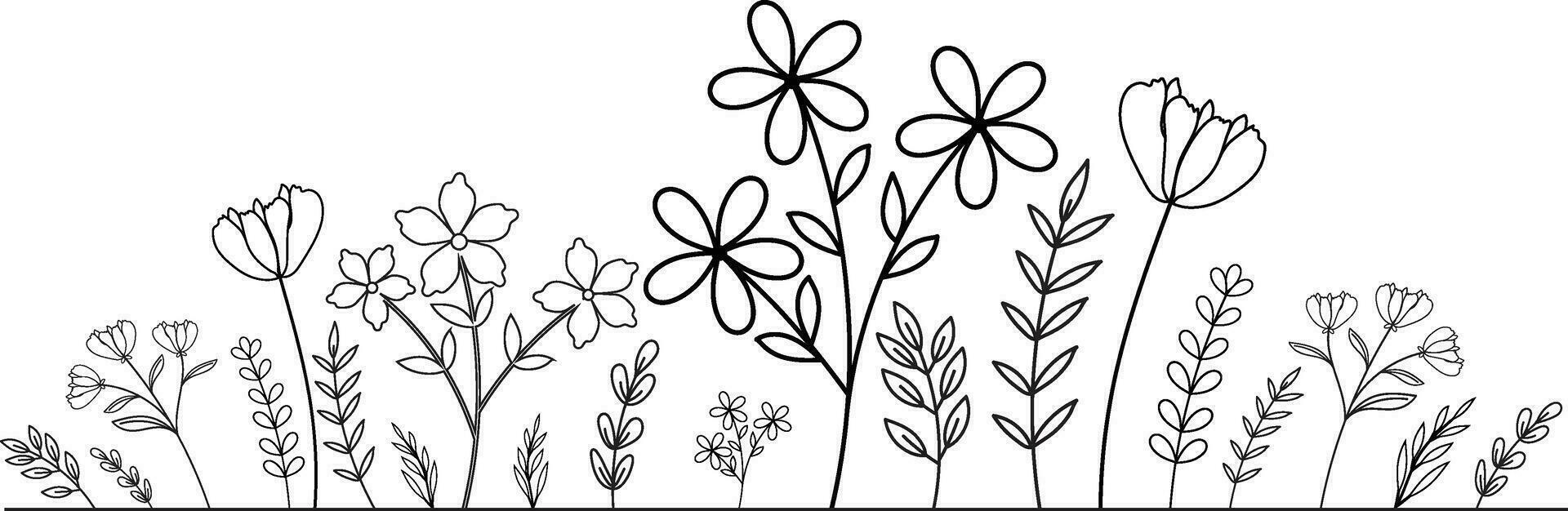 hand getekend wilde bloemen weide. zwart en wit tekening wilde bloemen en gras planten. monochroom bloemen elementen. vector