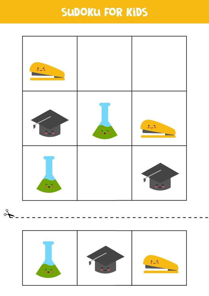 sudoku-spel voor kinderen met cartoon schoolbenodigdheden. vector