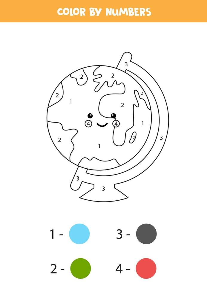 kleur schattige kawaii globe op nummer. werkblad voor kinderen. vector