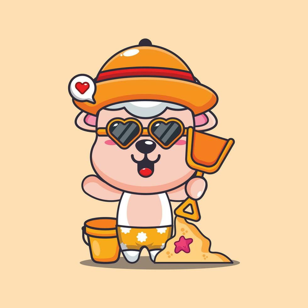 schattig schapen in zonnebril Speel zand strand tekenfilm illustratie. schattig zomer tekenfilm illustratie. vector