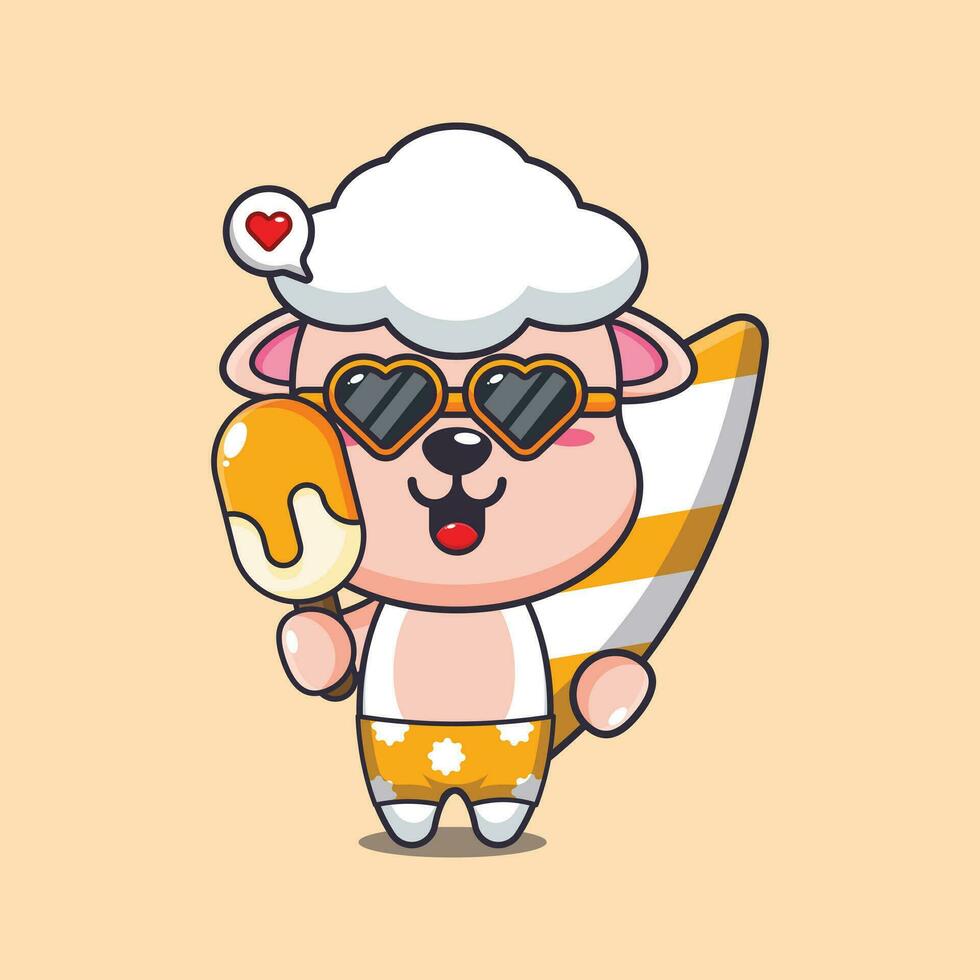 schattig schapen met surfboard Holding ijs tekenfilm illustratie. schattig zomer tekenfilm illustratie. vector