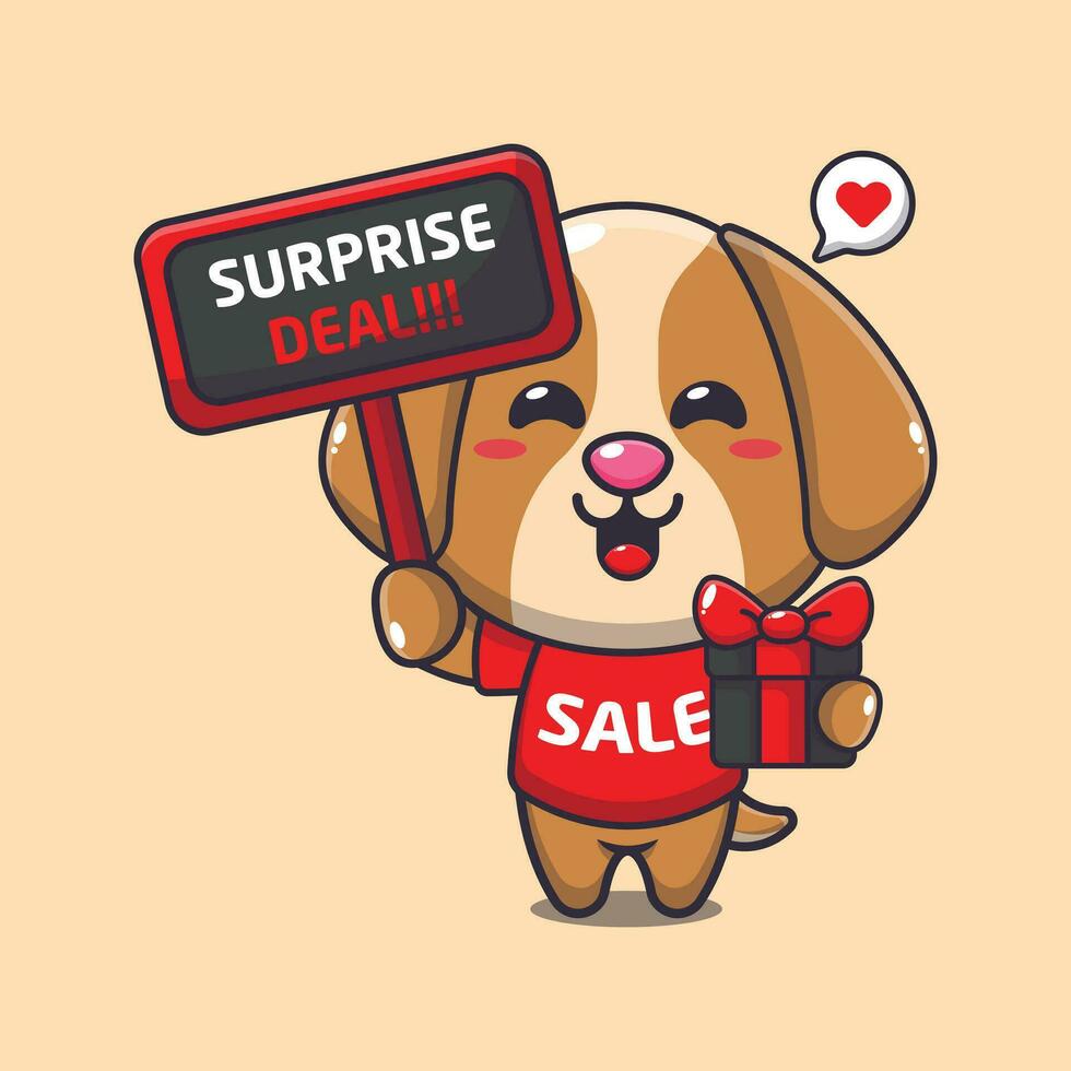 schattig hond met Promotie teken en geschenk doos in zwart vrijdag uitverkoop tekenfilm vector illustratie