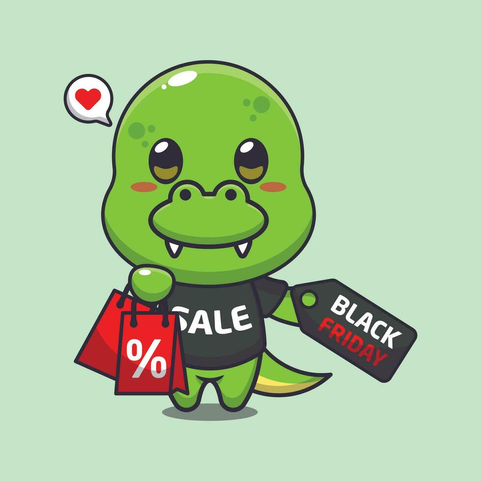 schattig dino met boodschappen doen zak en zwart vrijdag uitverkoop korting tekenfilm vector illustratie