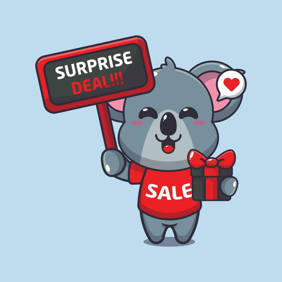 schattig koala met Promotie teken en geschenk doos in zwart vrijdag uitverkoop tekenfilm vector illustratie