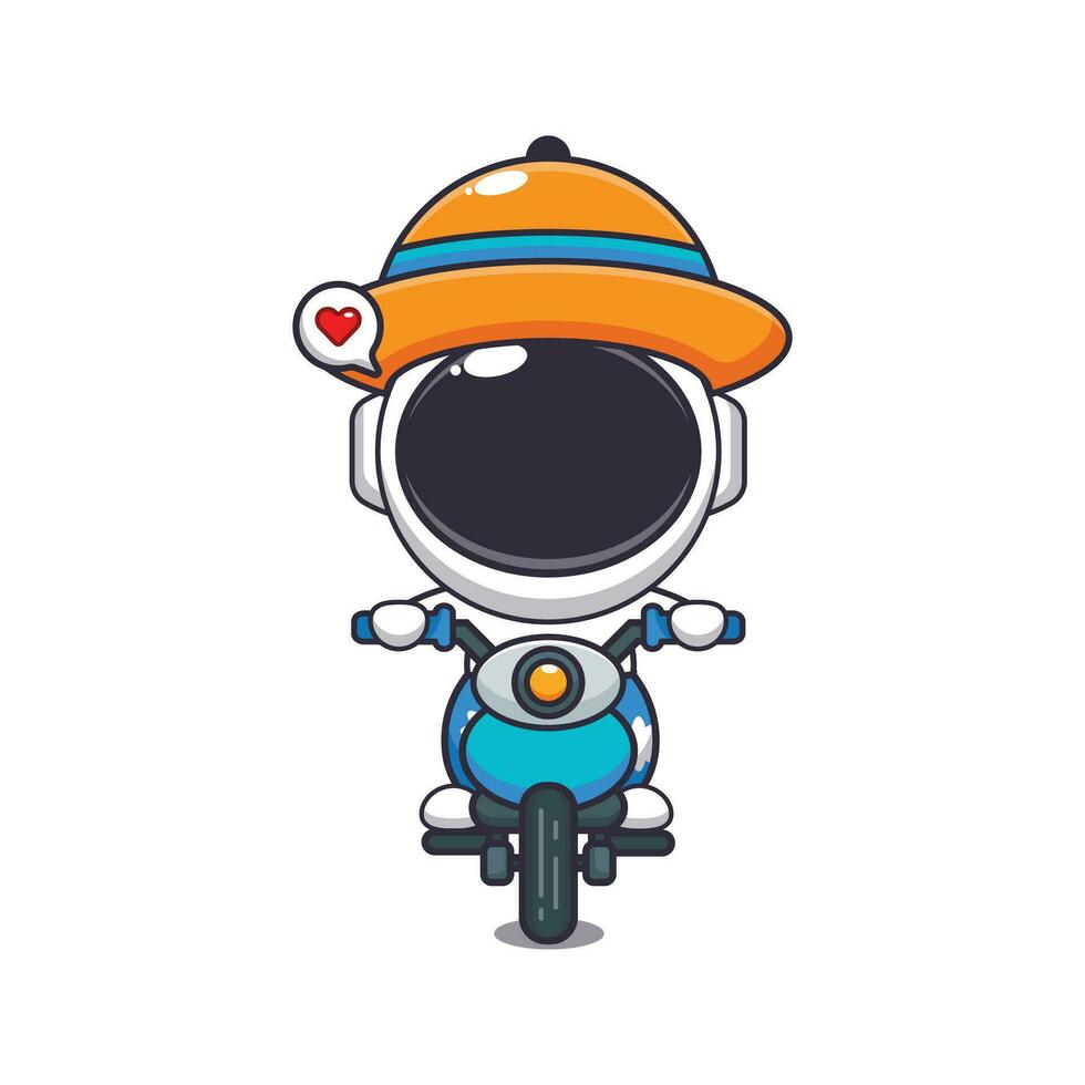 koel astronaut met zonnebril rijden een motorfiets in zomer dag. schattig zomer tekenfilm illustratie. vector