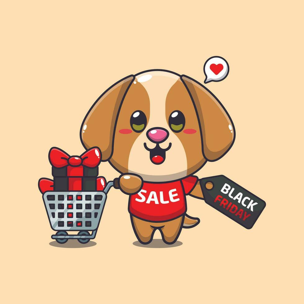 schattig hond met boodschappen doen kar en korting coupon zwart vrijdag uitverkoop tekenfilm vector illustratie