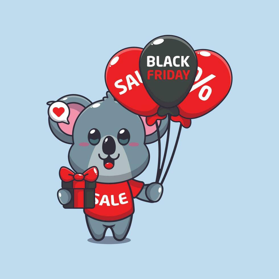 schattig koala met cadeaus en ballonnen in zwart vrijdag uitverkoop tekenfilm vector illustratie