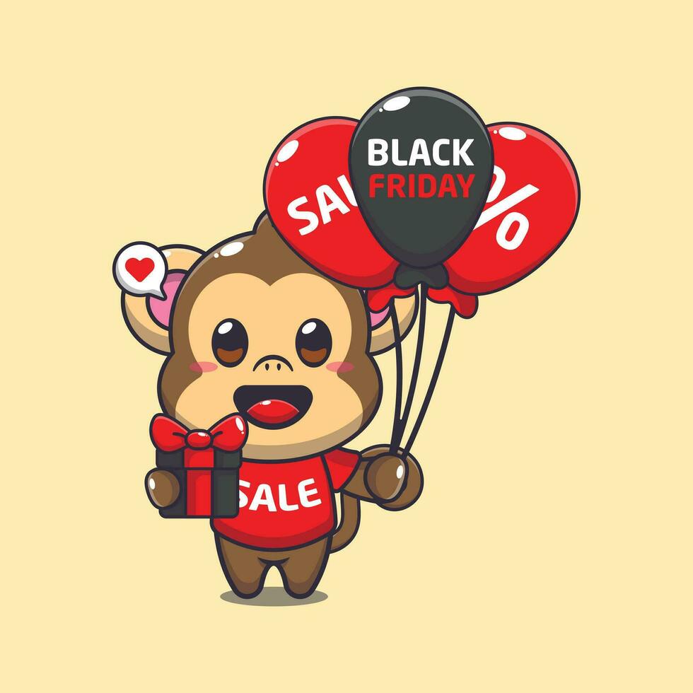 schattig aap met cadeaus en ballonnen in zwart vrijdag uitverkoop tekenfilm vector illustratie
