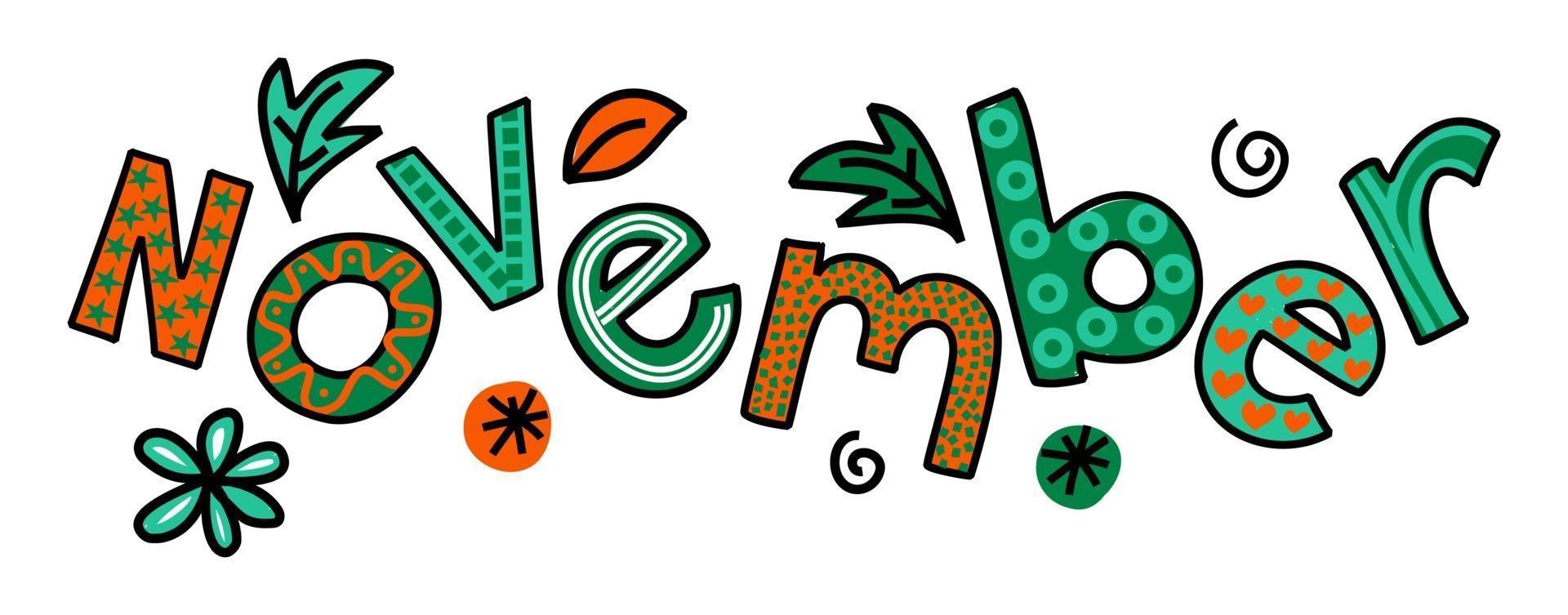 november maand van het jaar doodle tekst belettering vector