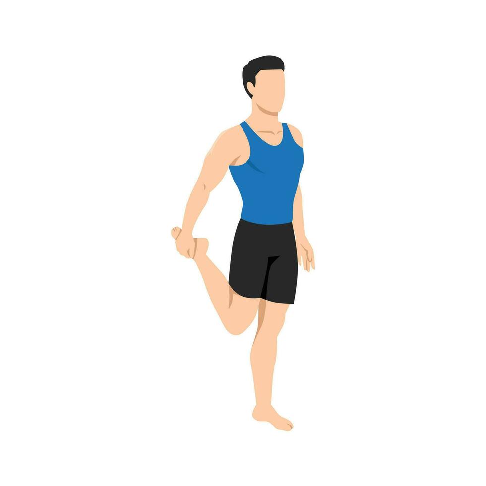 Mens aan het doen quadriceps rekken, koel naar beneden oefening. balans houding, flexibiliteit verbetering. vector