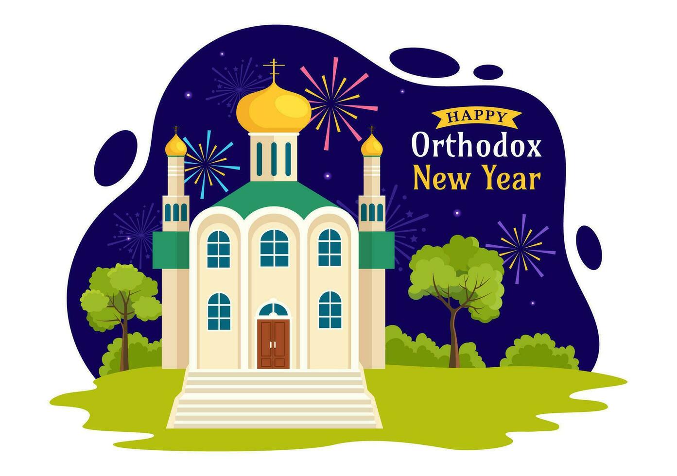 gelukkig orthodox nieuw jaar vector illustratie Aan 14 januari met kerk en vuurwerk voor poster of banier in vlak tekenfilm achtergrond ontwerp